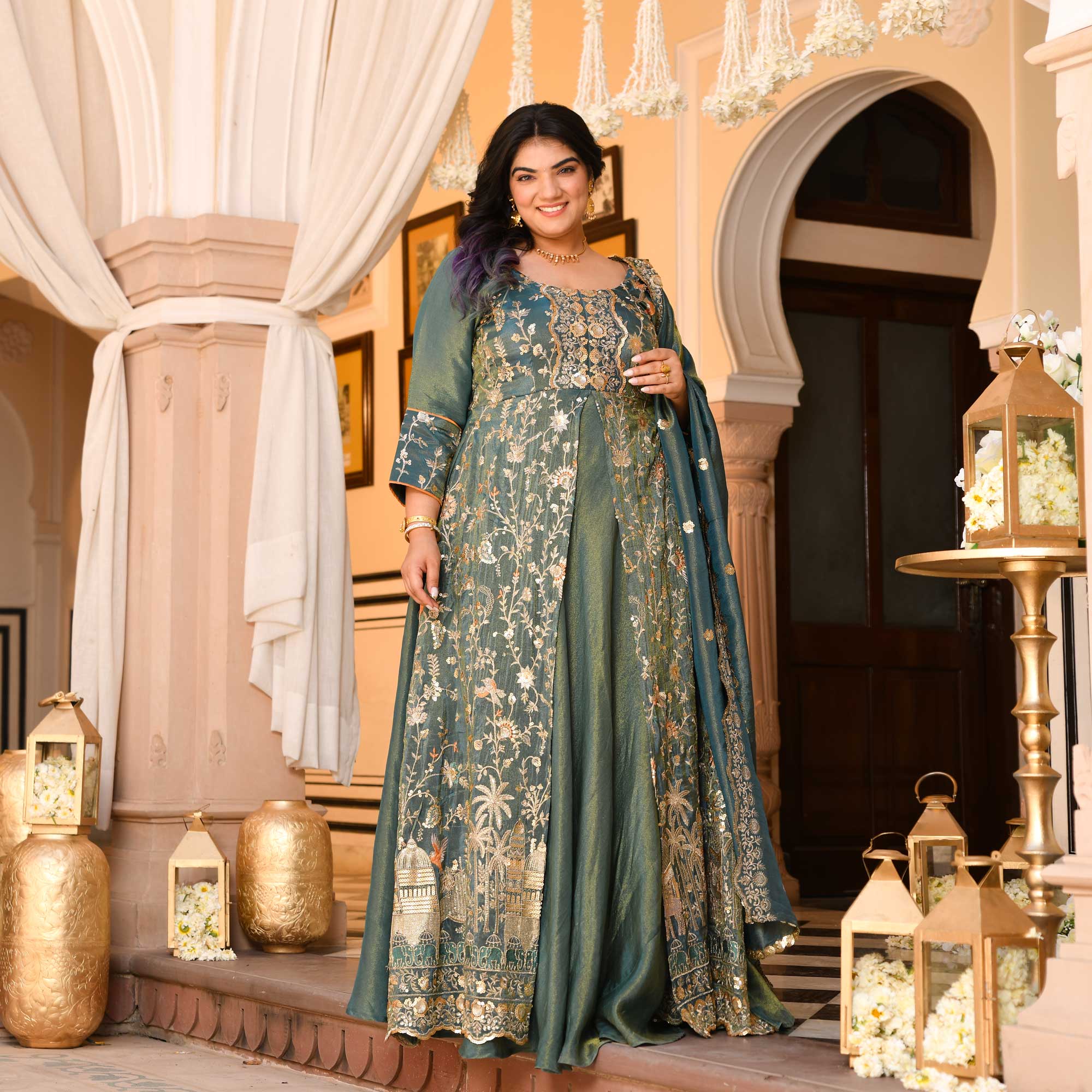 Gayatri- Teal Green Sequin & Thread Embroidered Pure Tissue Silk Anarkali Dress