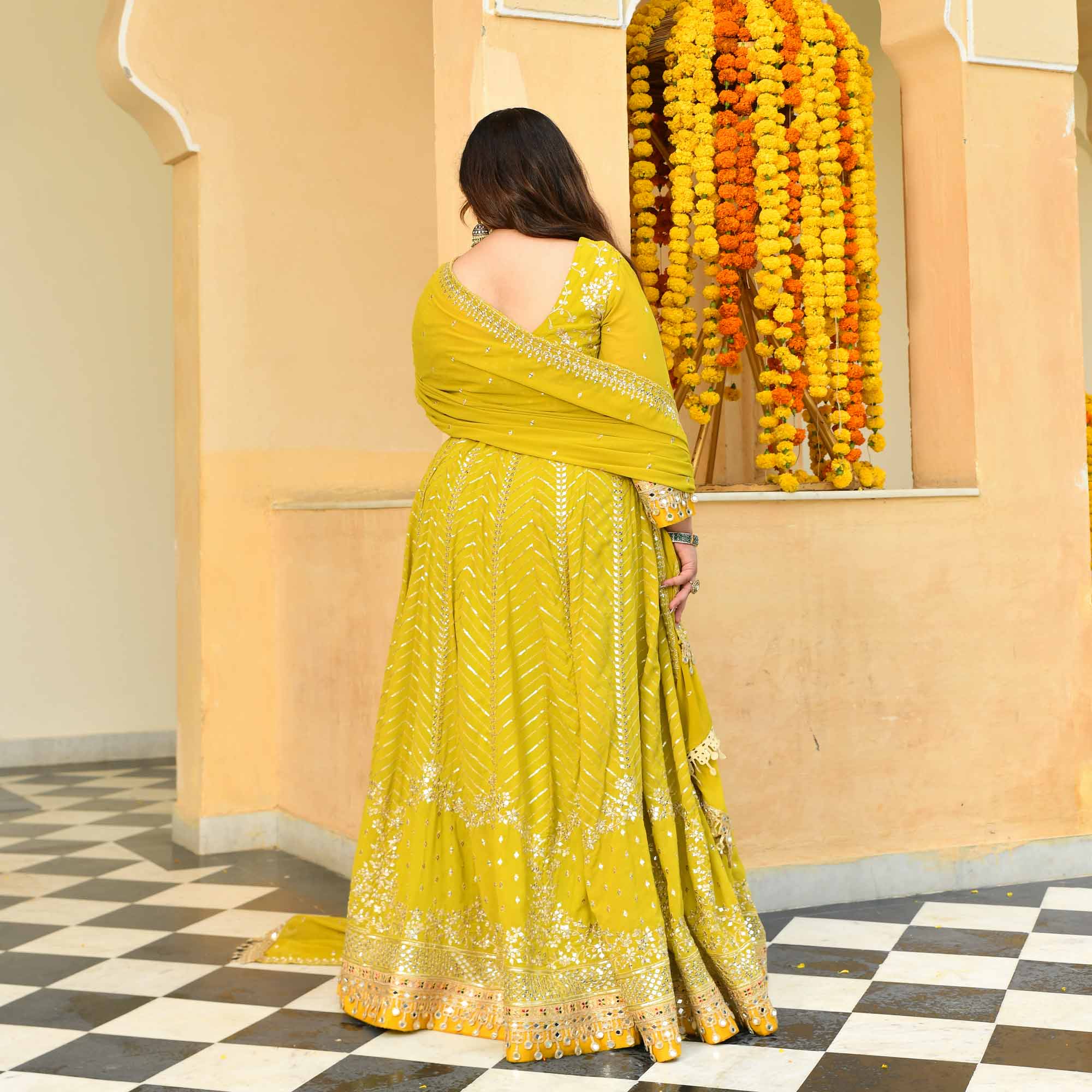 Shrikhand- Lime & Yellow Embroidered Georgette Lehenga Set