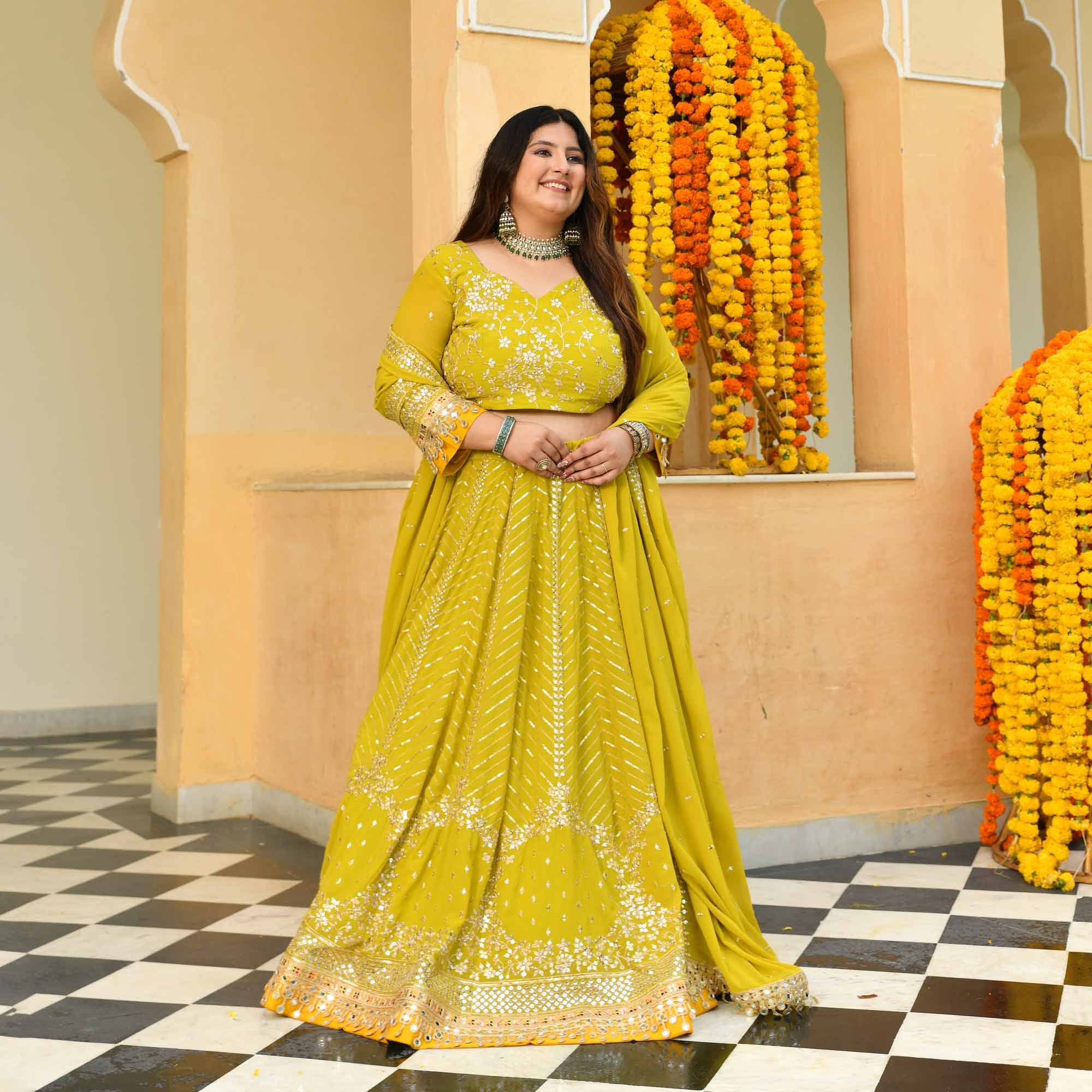 Shrikhand- Lime & Yellow Embroidered Georgette Lehenga Set