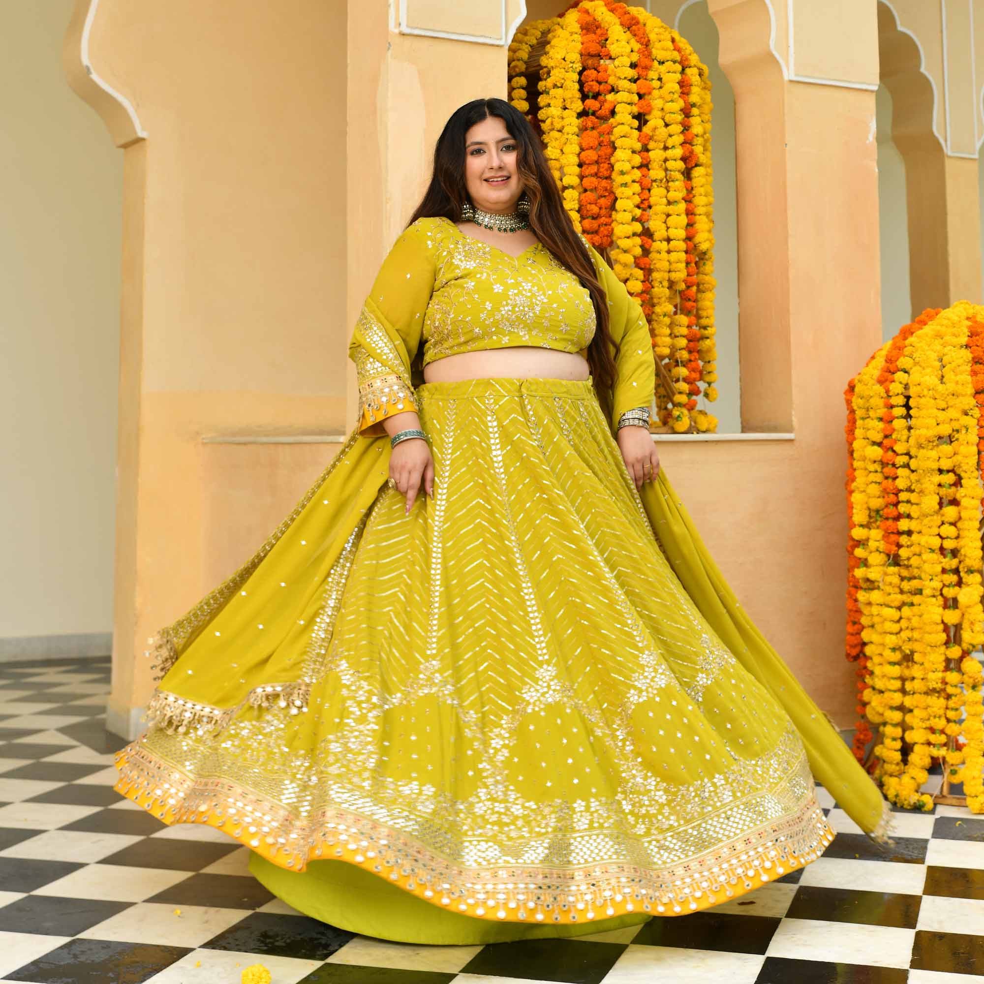Shrikhand- Lime & Yellow Embroidered Georgette Lehenga Set