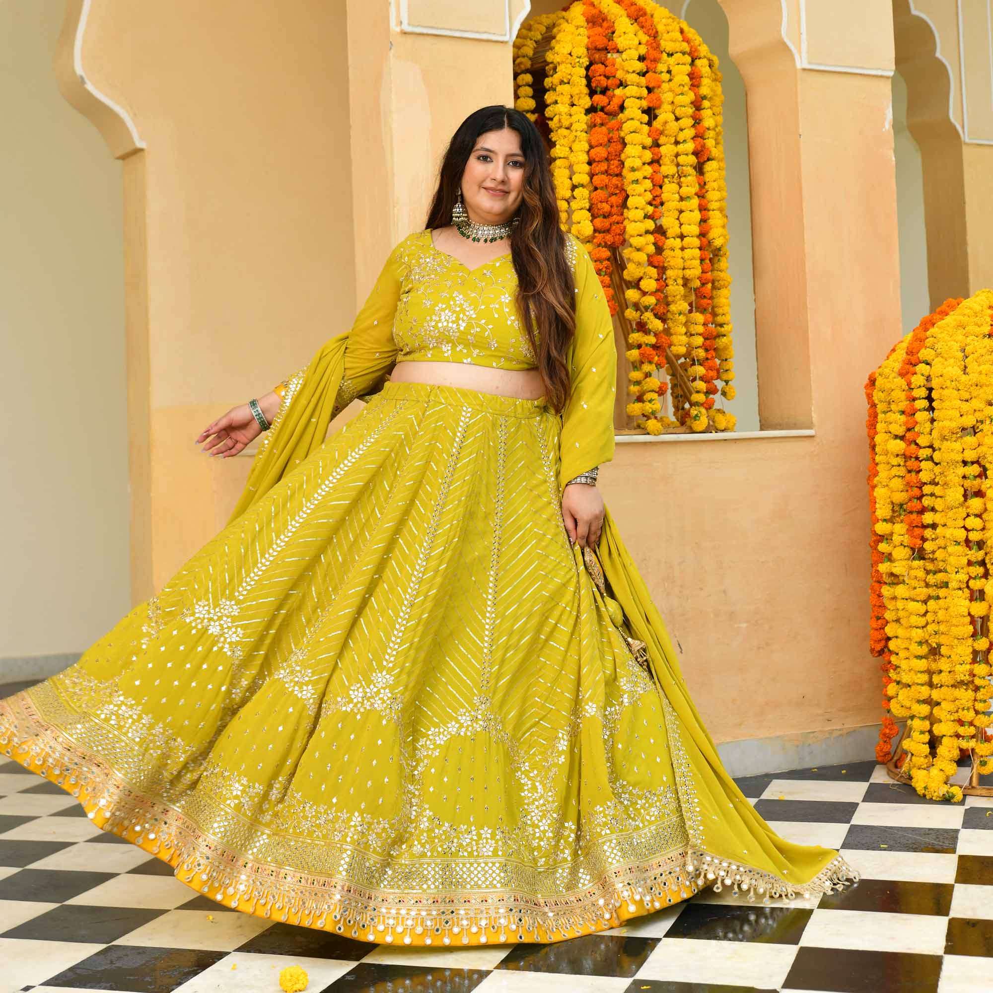 Shrikhand- Lime & Yellow Embroidered Georgette Lehenga Set