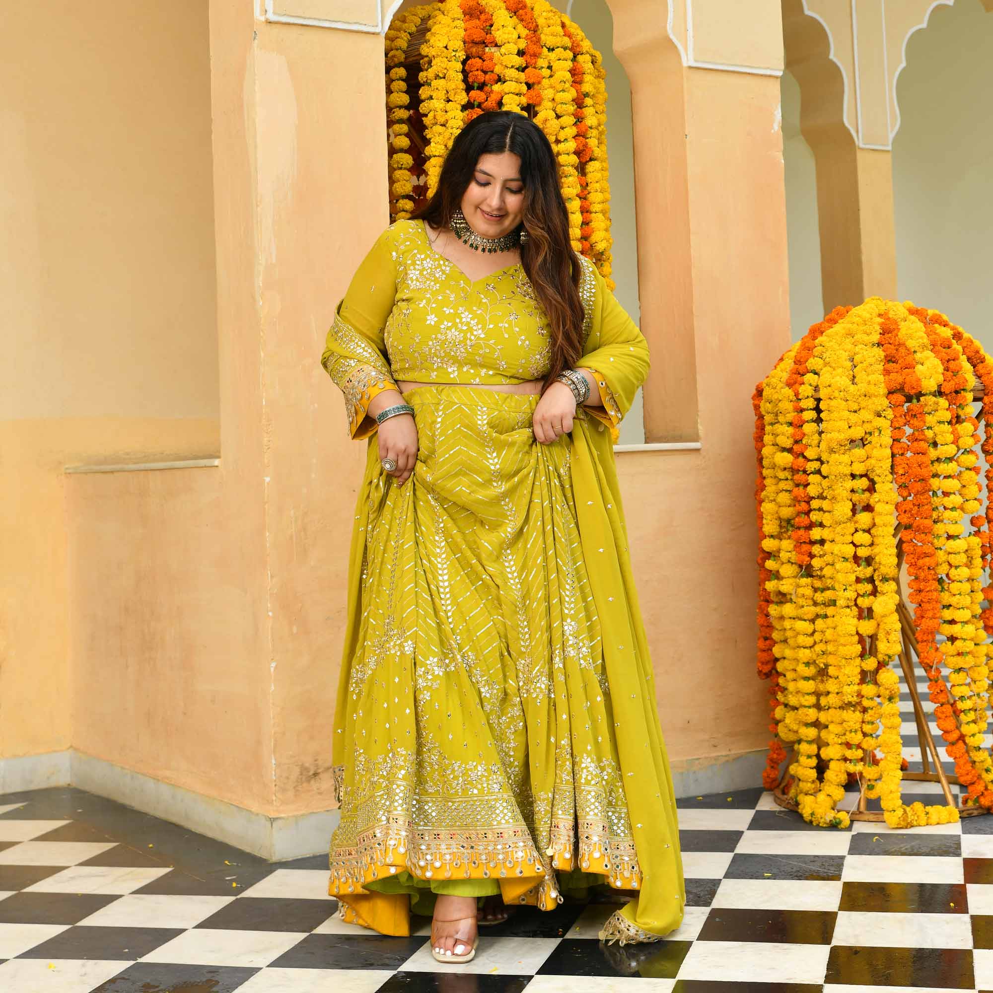 Shrikhand- Lime & Yellow Embroidered Georgette Lehenga Set