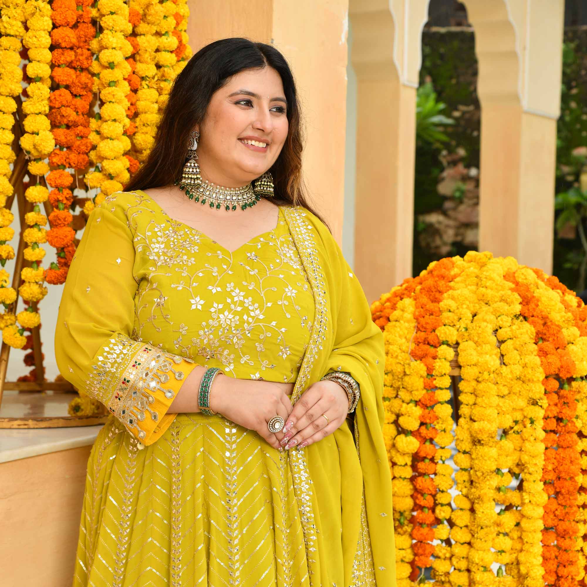 Shrikhand- Lime & Yellow Embroidered Georgette Lehenga Set