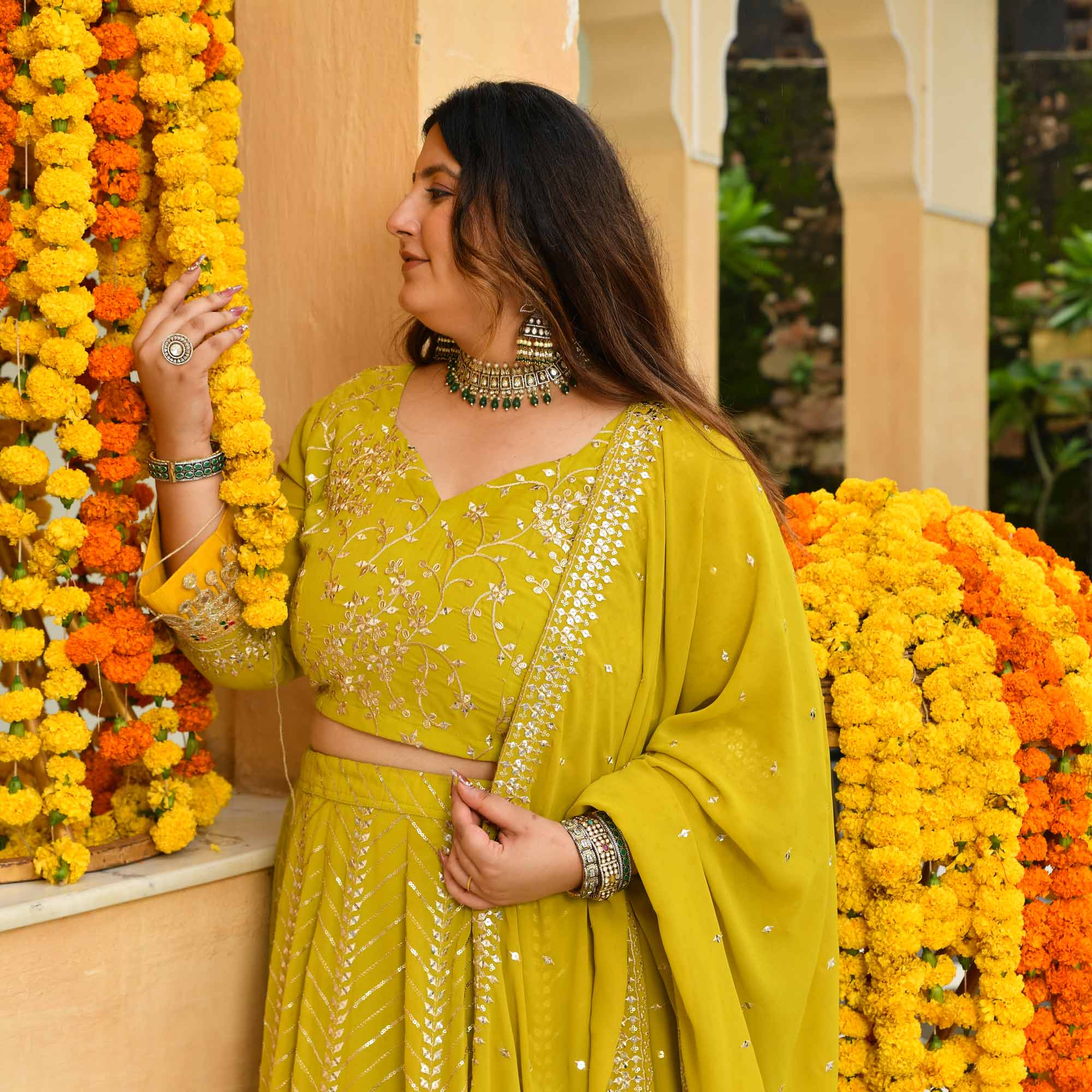 Shrikhand- Lime & Yellow Embroidered Georgette Lehenga Set