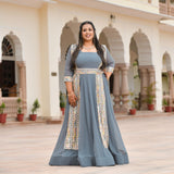 Grey Mirage Spectrum Embroidered Georgette Anarkali With Belt Media 
