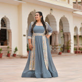 Grey Mirage Spectrum Embroidered Georgette Anarkali With Belt Media 