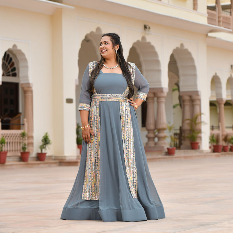 Grey Mirage Spectrum Embroidered Georgette Anarkali With Belt Media 