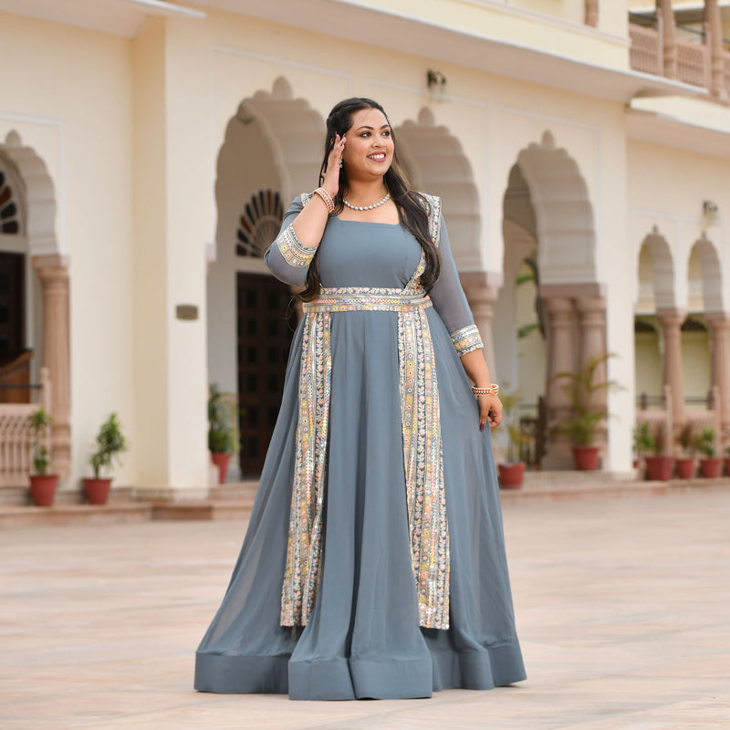 Grey Mirage Spectrum Embroidered Georgette Anarkali With Belt Media 