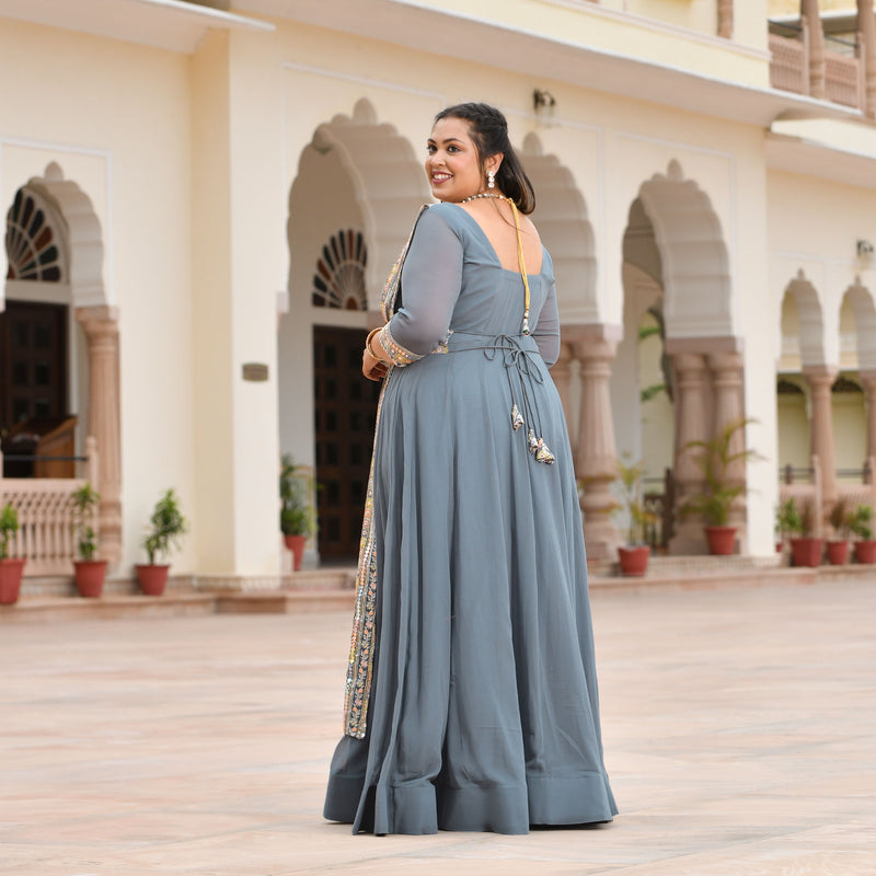 Grey Mirage Spectrum Embroidered Georgette Anarkali With Belt Media 