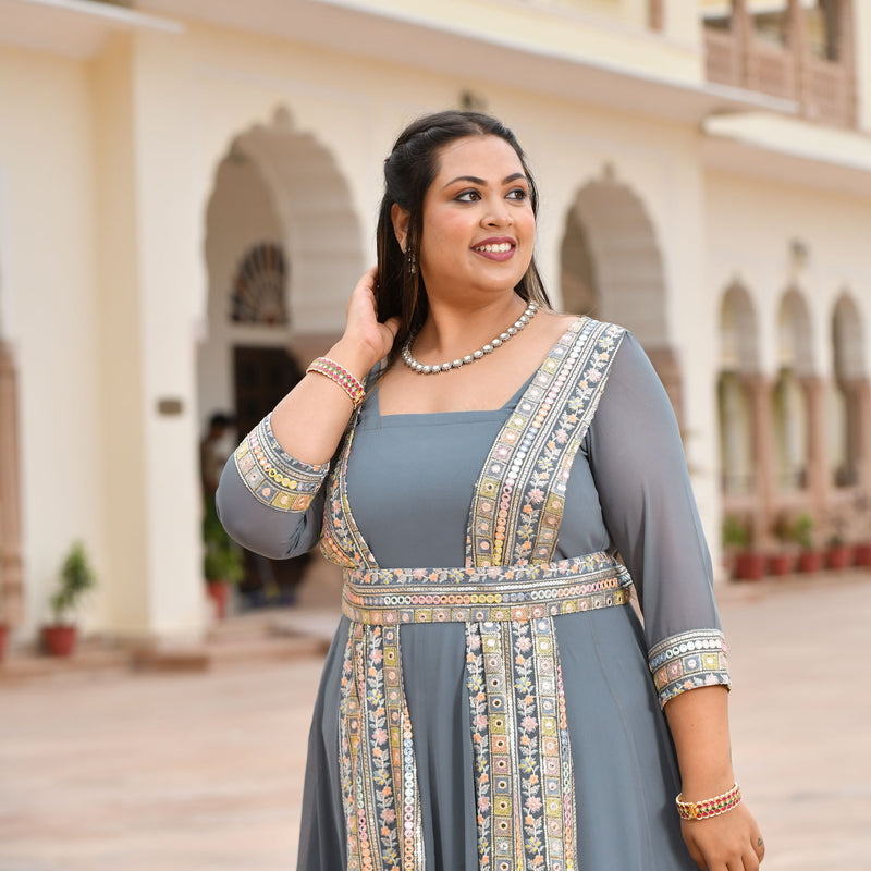 Grey Mirage Spectrum Embroidered Georgette Anarkali With Belt Media 