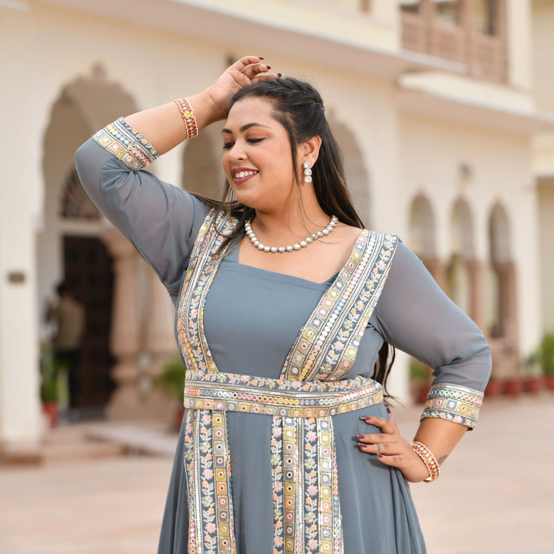 Grey Mirage Spectrum Embroidered Georgette Anarkali With Belt Media 
