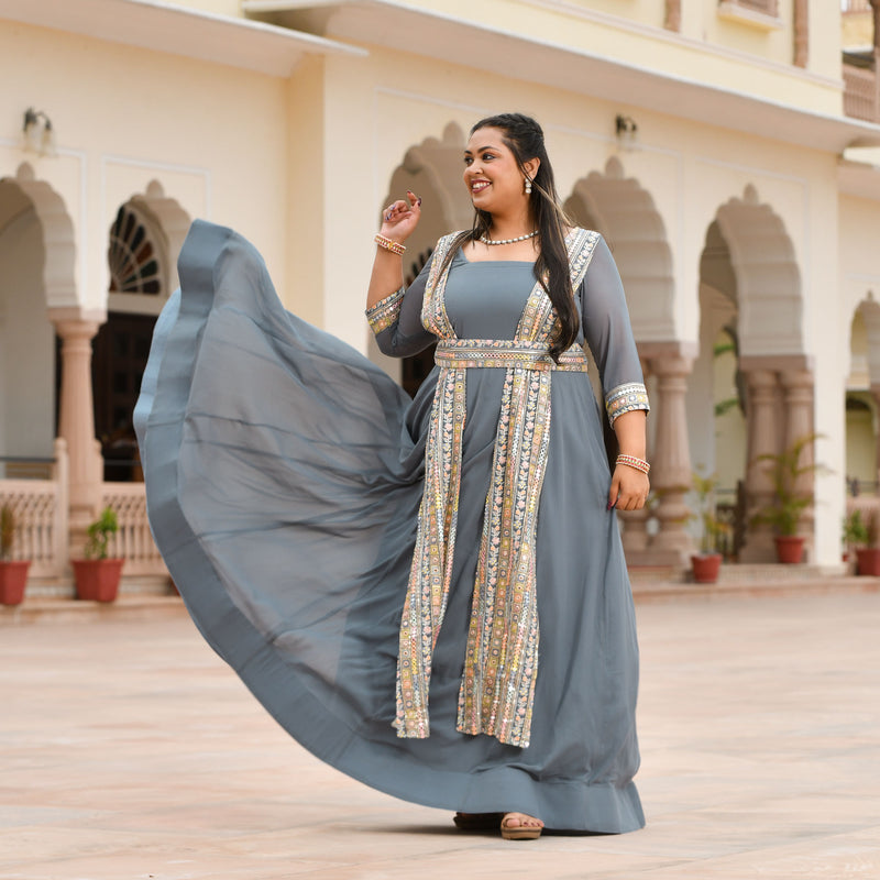 Grey Mirage Spectrum Embroidered Georgette Anarkali With Belt Media