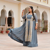 Grey Mirage Spectrum Embroidered Georgette Anarkali With Belt Media 