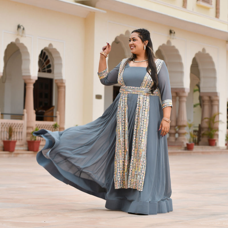 Grey Mirage Spectrum Embroidered Georgette Anarkali With Belt Media 