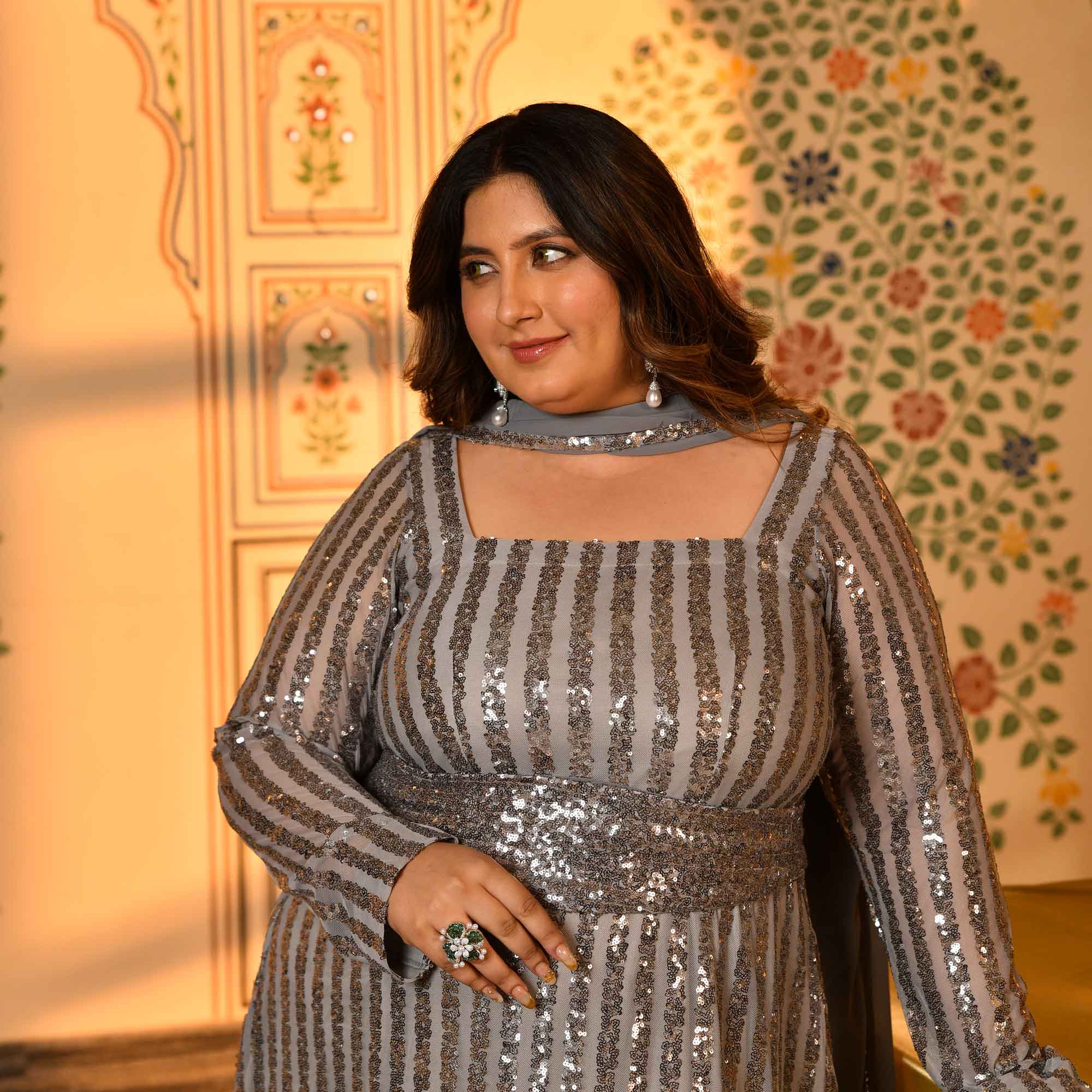 Gin- Metallic Grey Sequin Embellished Stretchable Long Dress with Stole