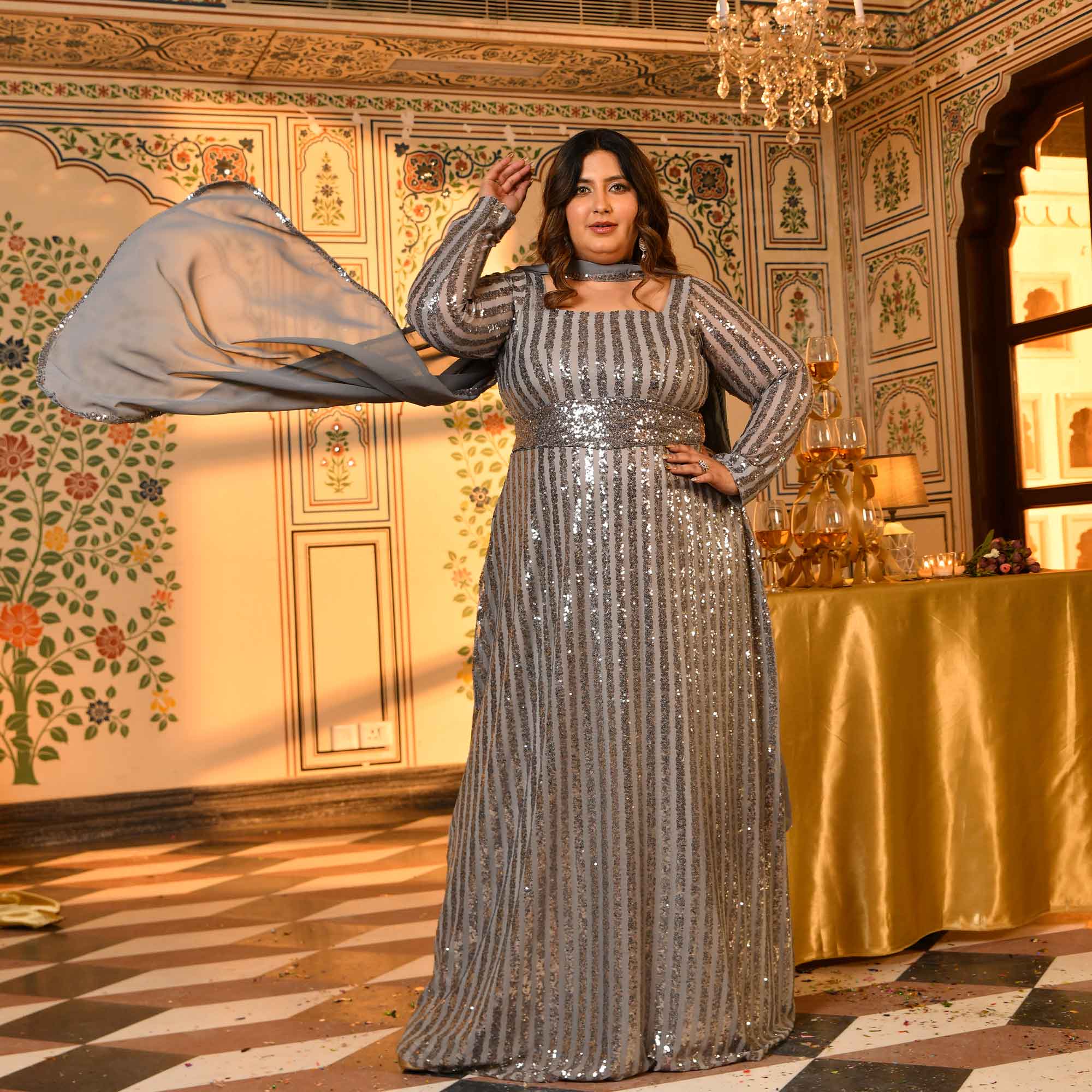 Gin- Metallic Grey Sequin Embellished Stretchable Long Dress with Stole