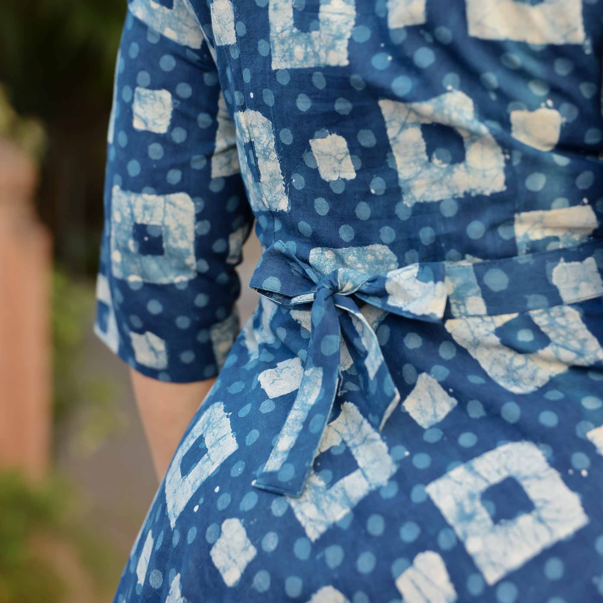 Indigo Illusion Handblock Printed Aline Cotton Dress