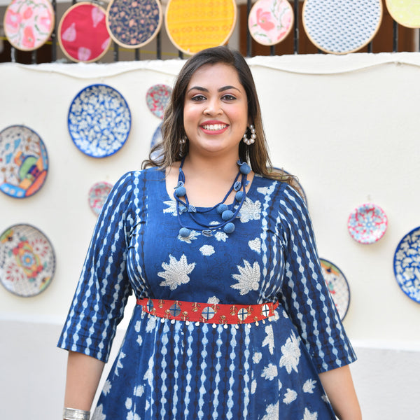 Indigo & Brick Chic Handblock Cotton Aline Dress