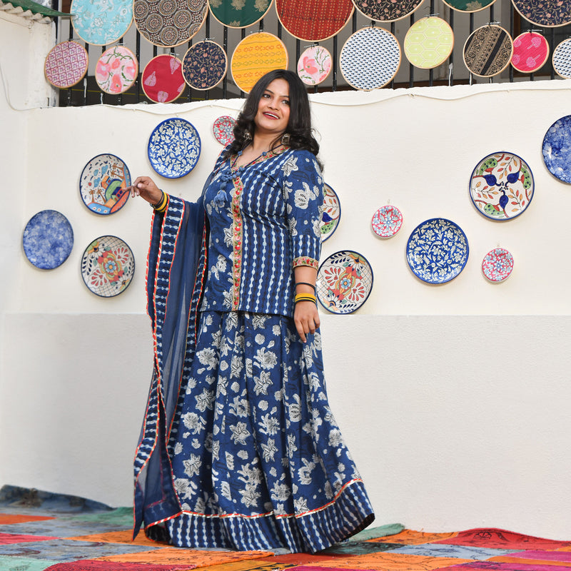 Shades of Indigo Handblock Cotton Lehenga Set