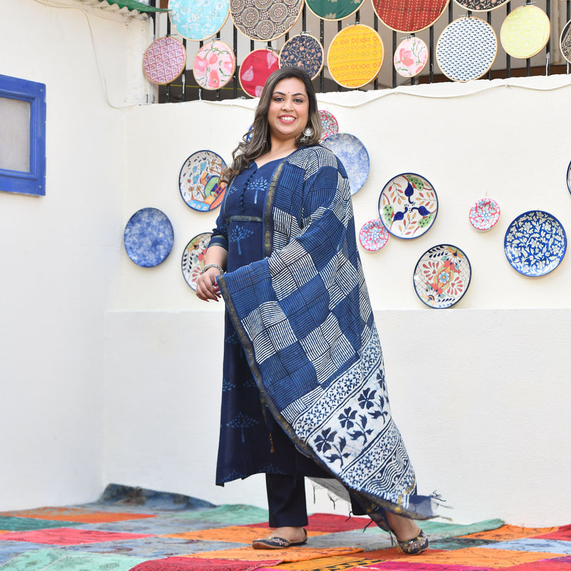 Tree of Indigo Handblock Chanderi Suit Set