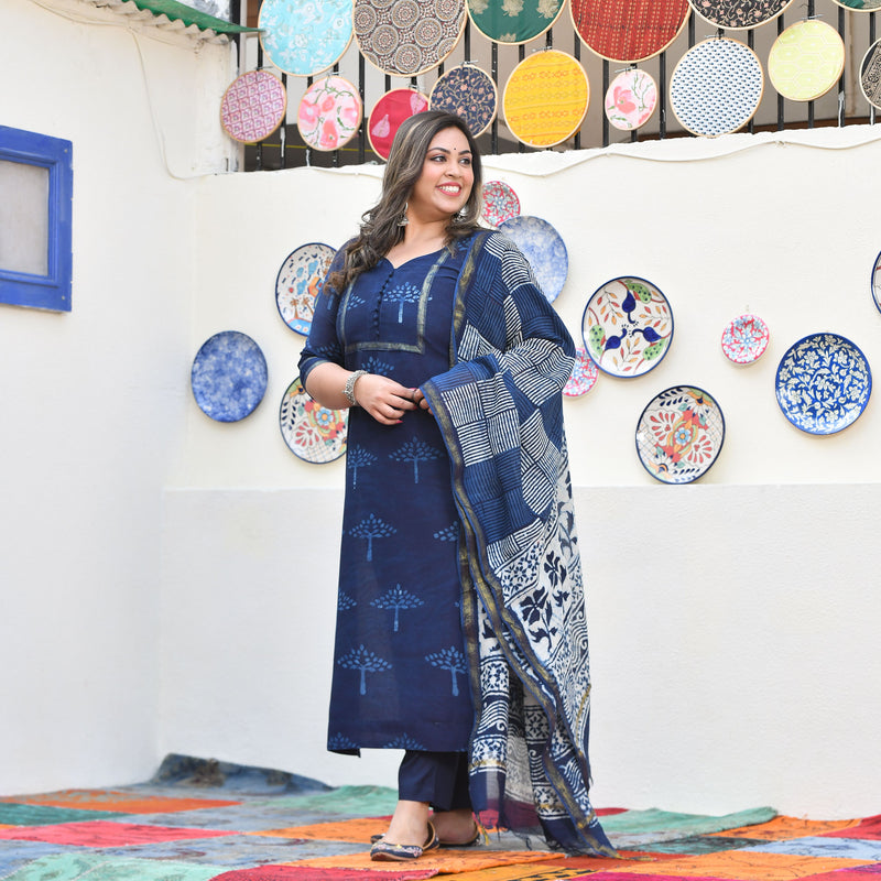 Tree of Indigo Handblock Chanderi Suit Set