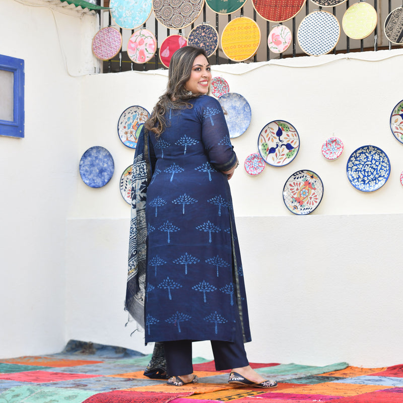 Tree of Indigo Handblock Chanderi Suit Set
