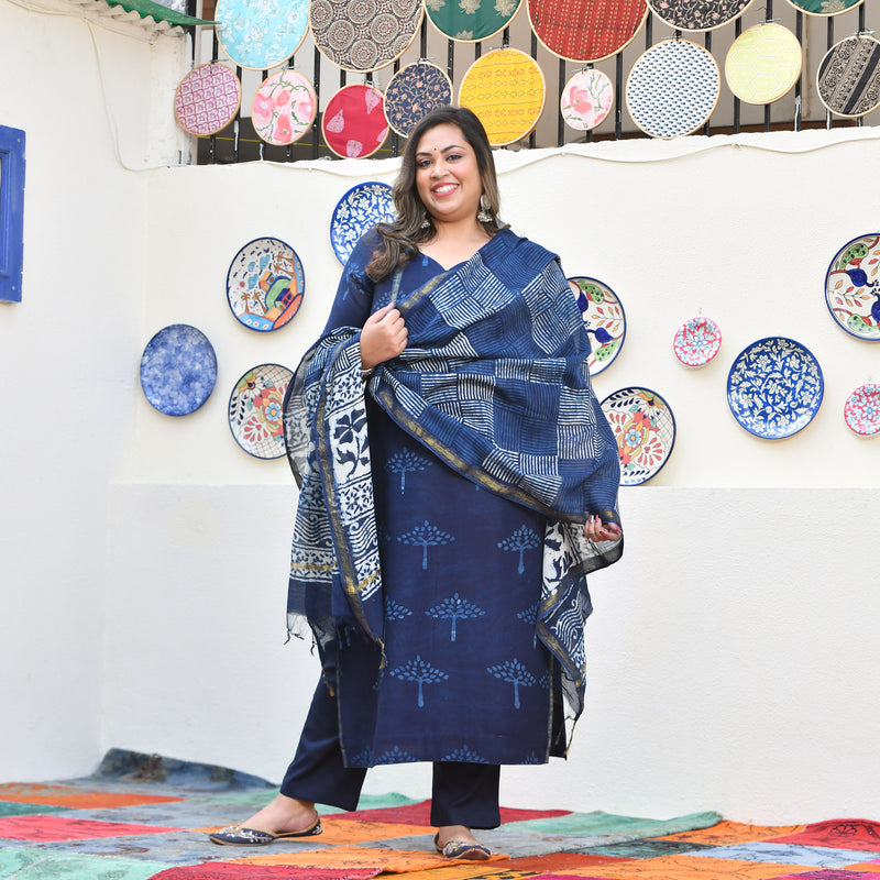 Tree of Indigo Handblock Chanderi Suit Set