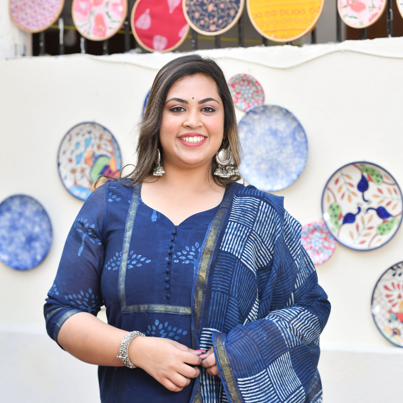 Tree of Indigo Handblock Chanderi Suit Set