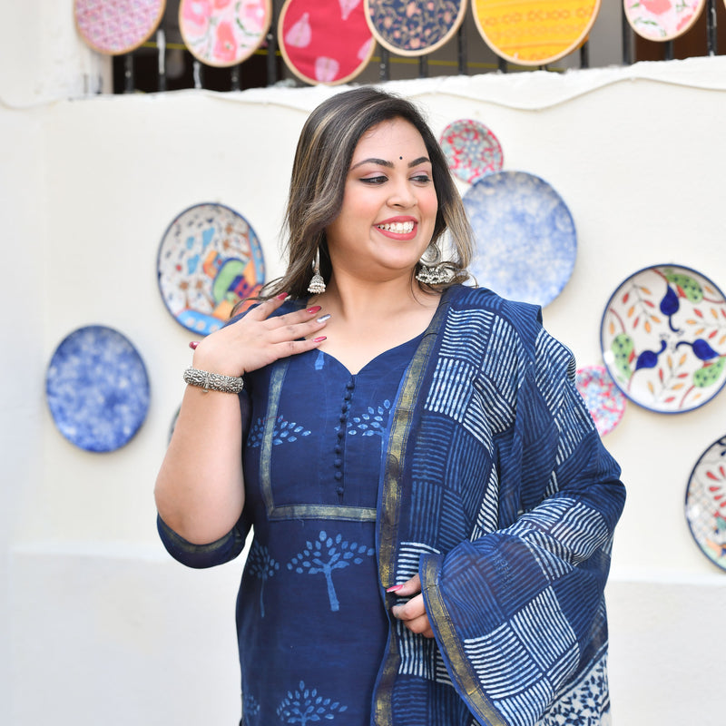 Tree of Indigo Handblock Chanderi Suit Set