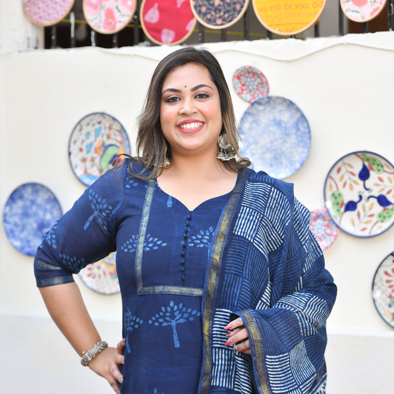 Tree of Indigo Handblock Chanderi Suit Set