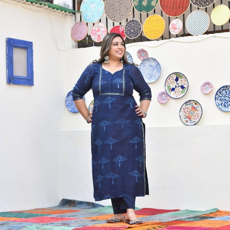 Tree of Indigo Handblock Chanderi Suit Set