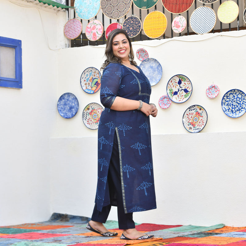 Tree of Indigo Handblock Chanderi Suit Set