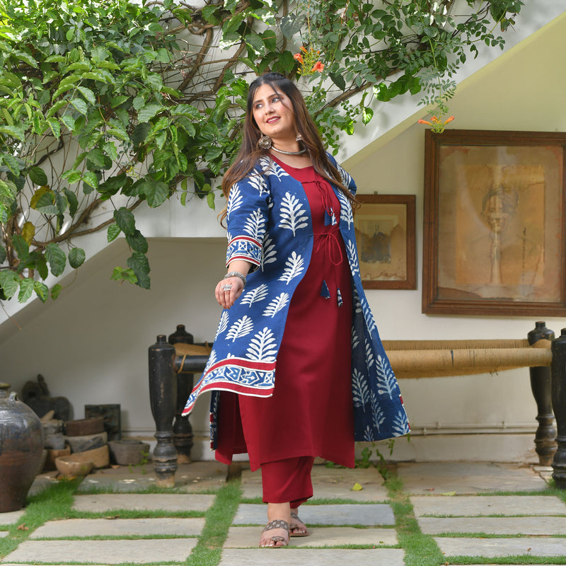 Maroon & Indigo Pinecone Cape Co-ord Set
