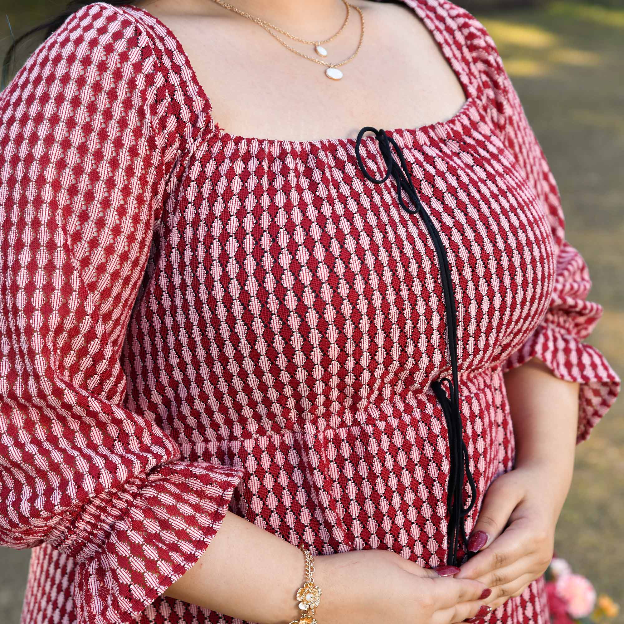 Spain- Brick & Black Cotton Knitted Laced Aline Dress