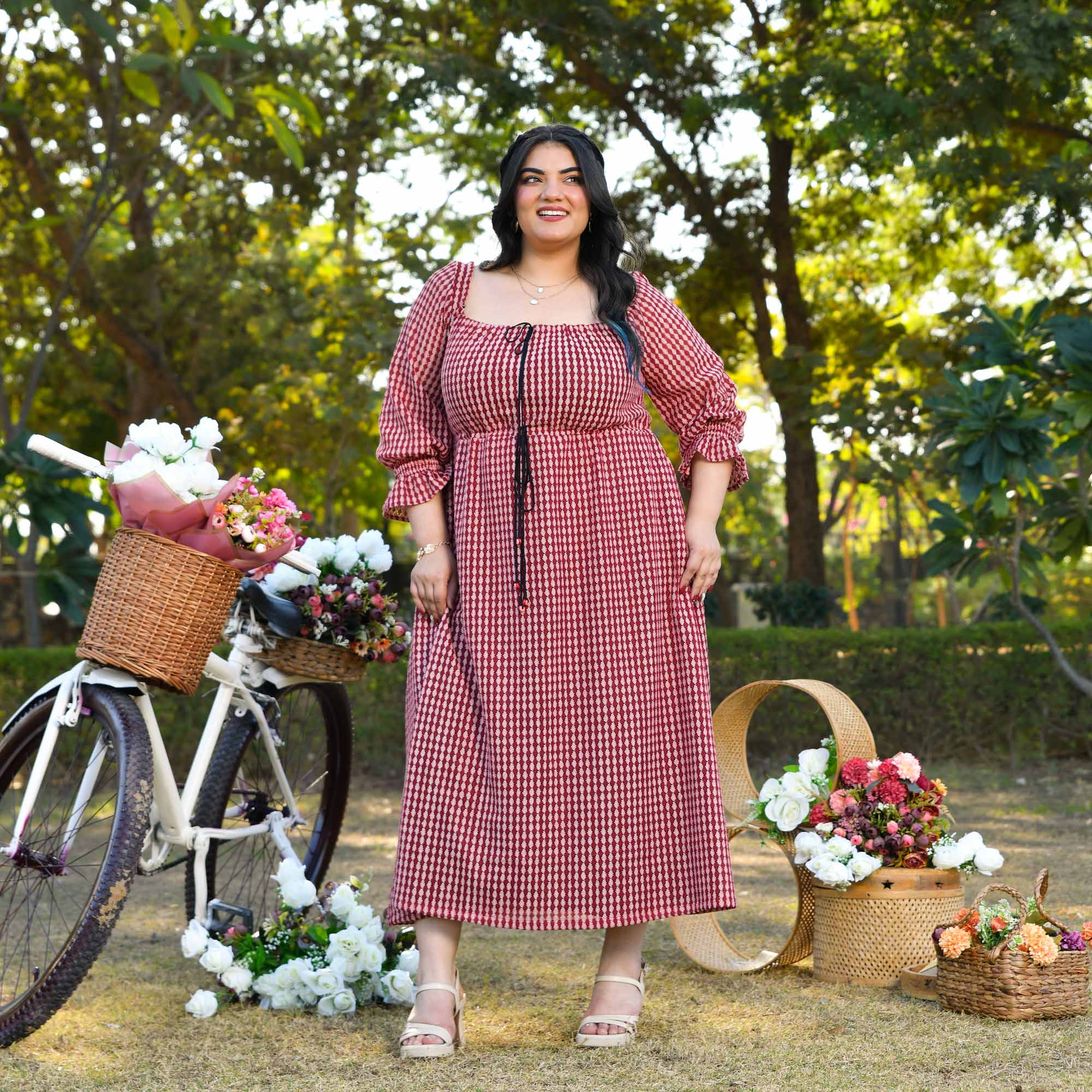 Spain- Brick & Black Cotton Knitted Laced Aline Dress
