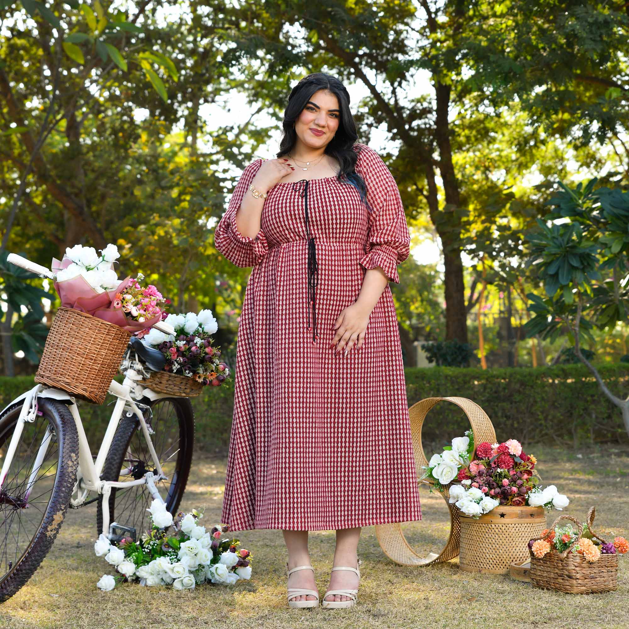 Spain- Brick & Black Cotton Knitted Laced Aline Dress