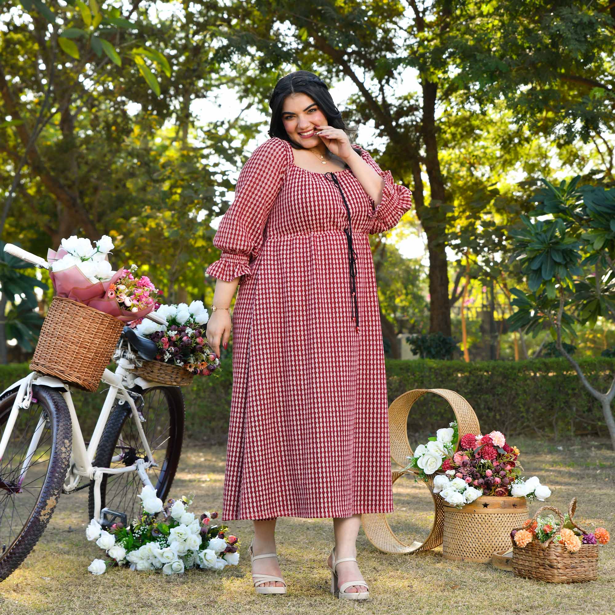 Spain- Brick & Black Cotton Knitted Laced Aline Dress