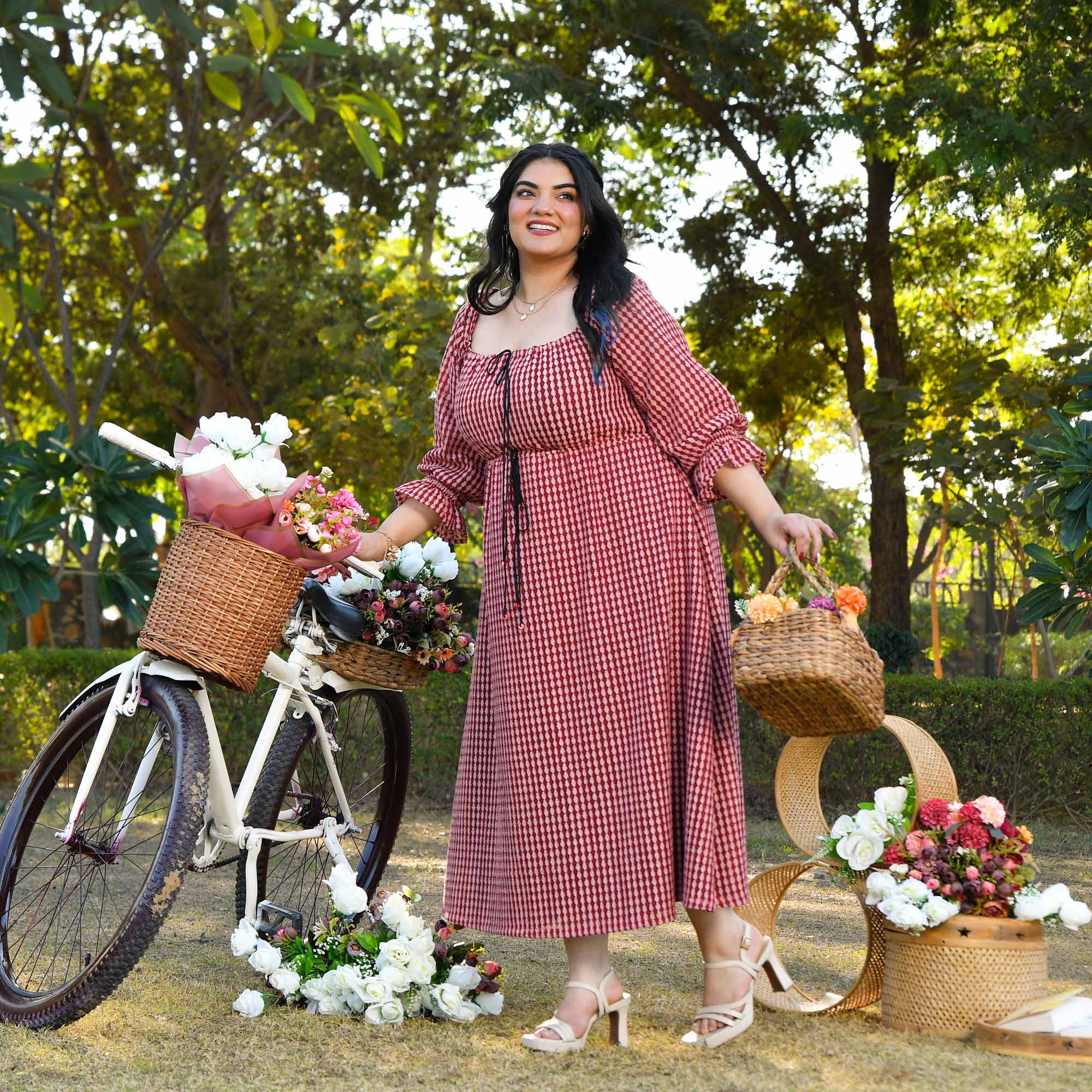 Spain- Brick & Black Cotton Knitted Laced Aline Dress