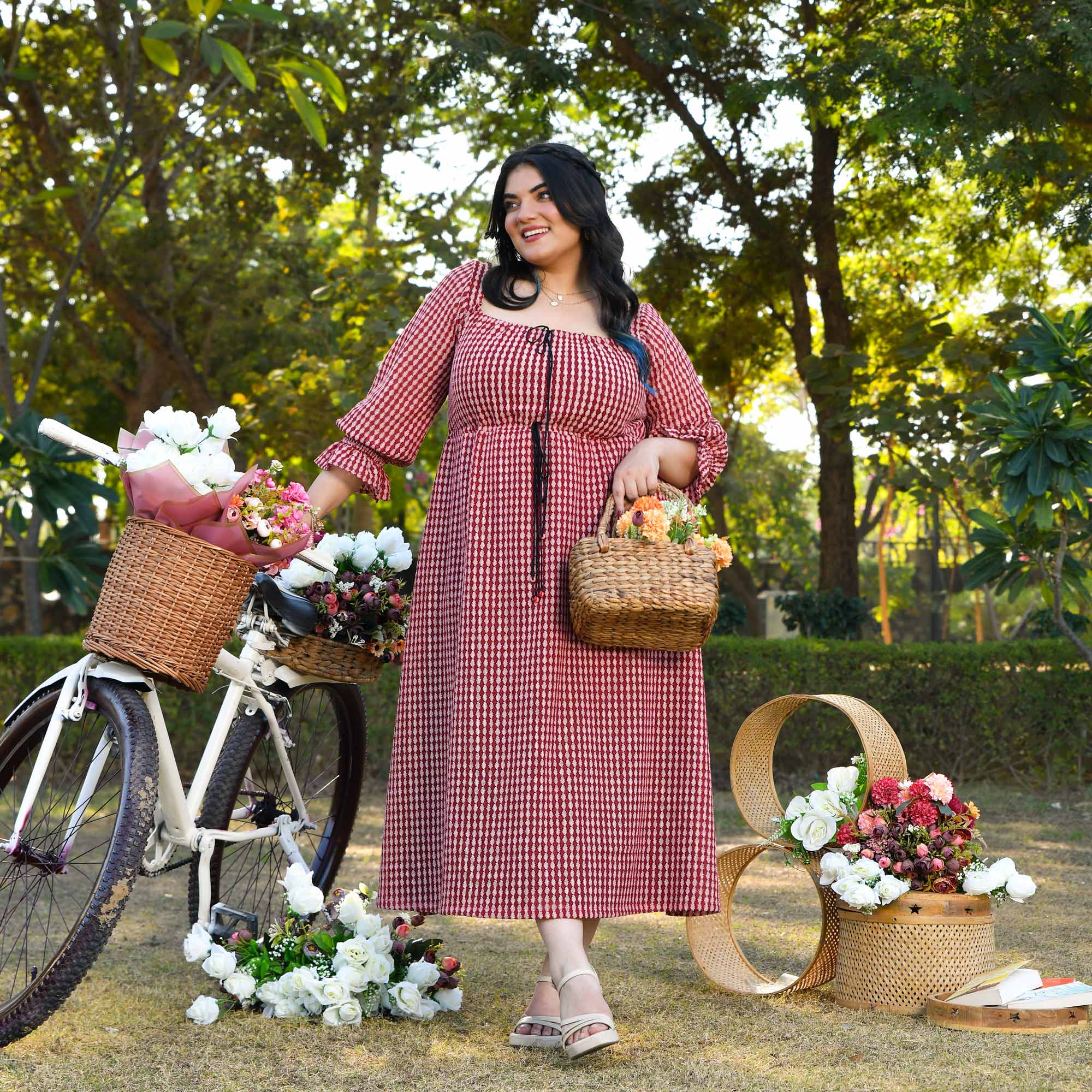 Spain- Brick & Black Cotton Knitted Laced Aline Dress