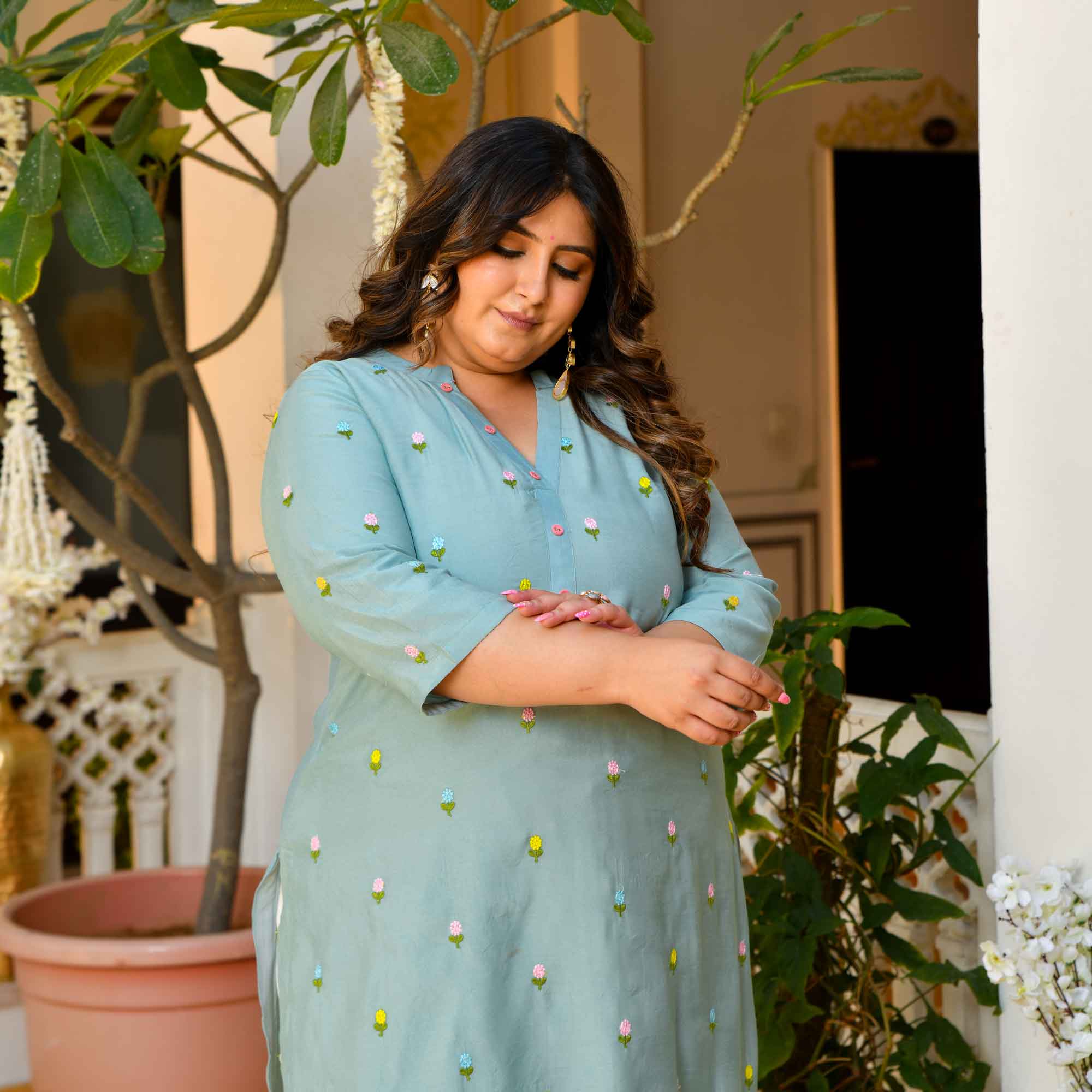 Cool Crush- Light Blue Floral Thread Embroidered Mul Chanderi Kurta
