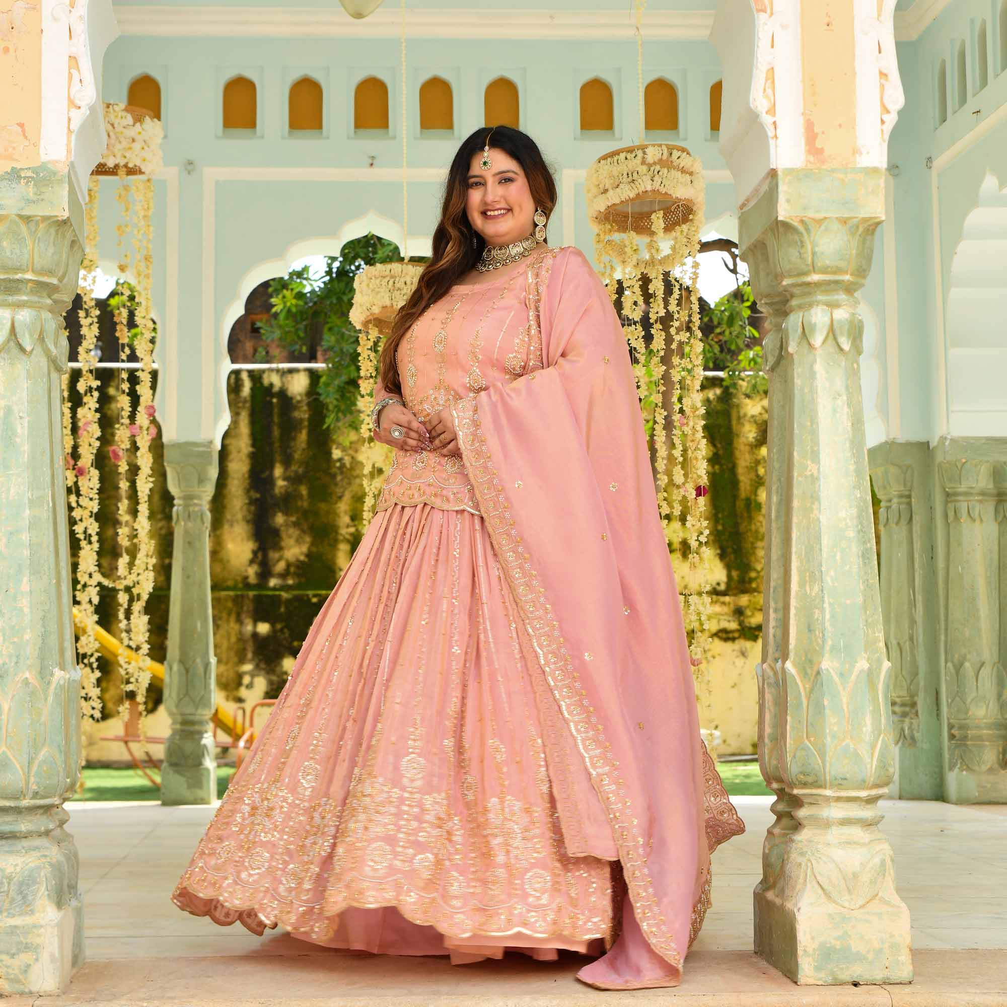 Raabta- Rose Gold Cutdana Embroidered Pure Tissue Silk Lehenga Set