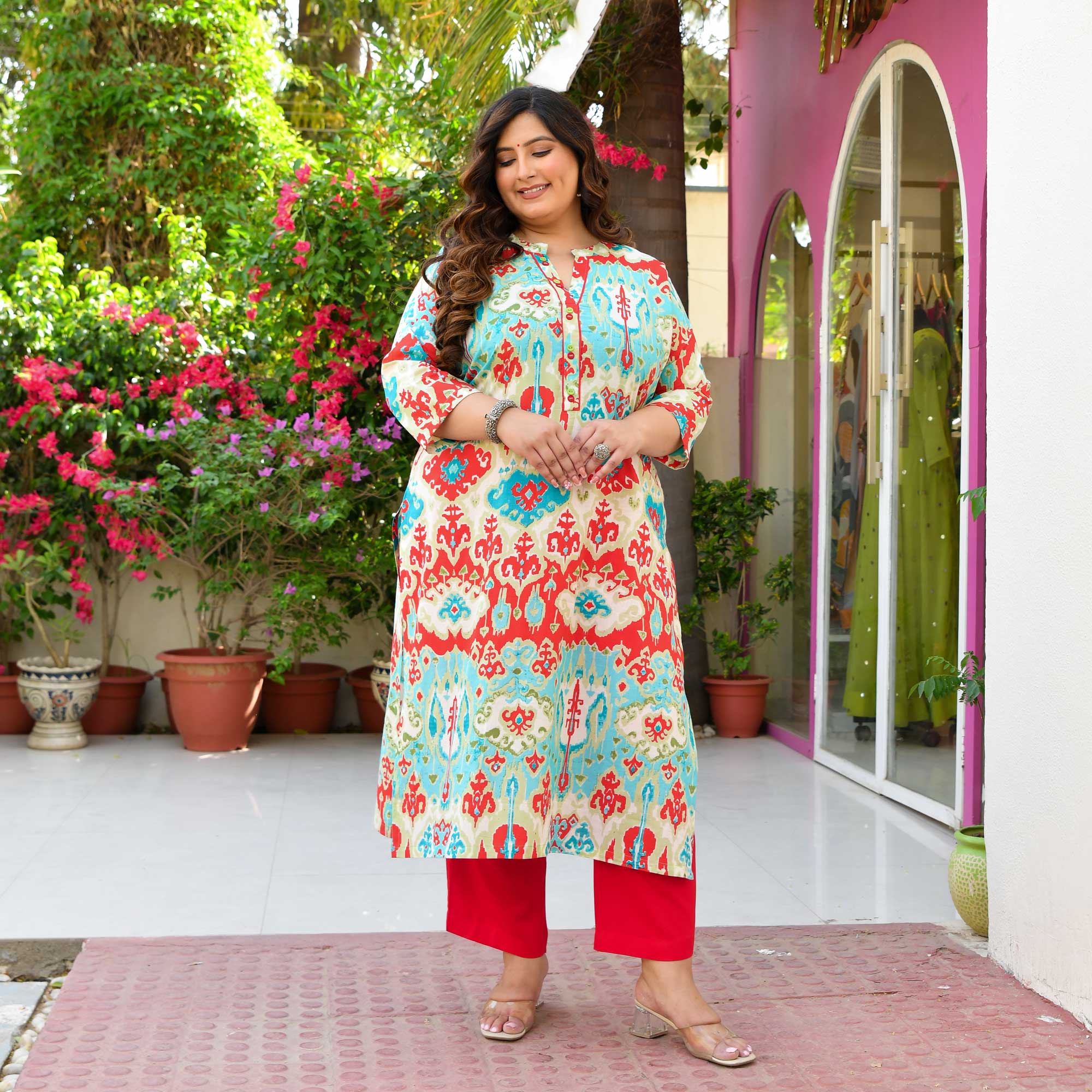 Dragon Fruit- Sky & Red Abstract Printed Pure Cotton Kurta