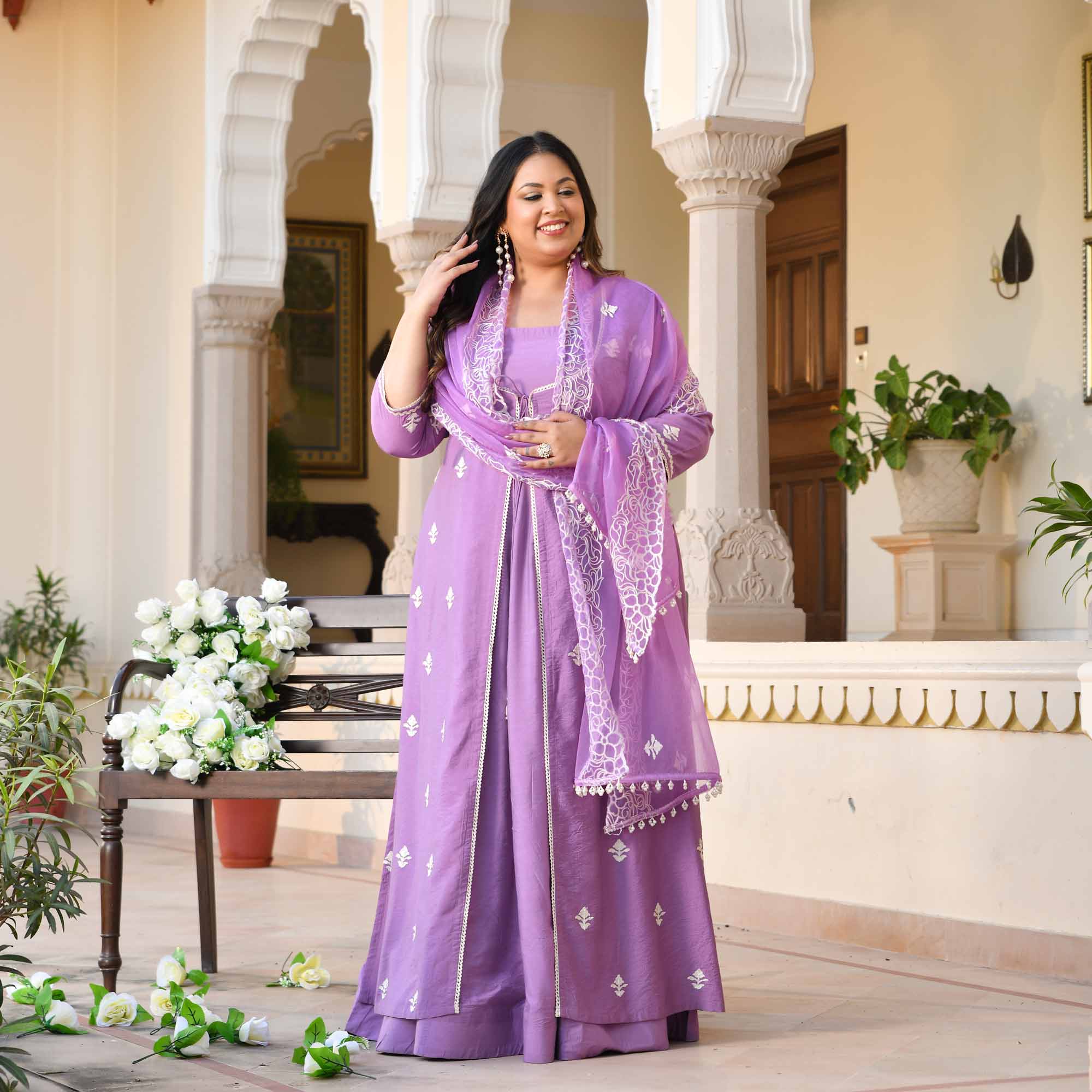 Mulberry- Periwinkle Thread Embroidered Mul Chanderi Anarkali Cape Set