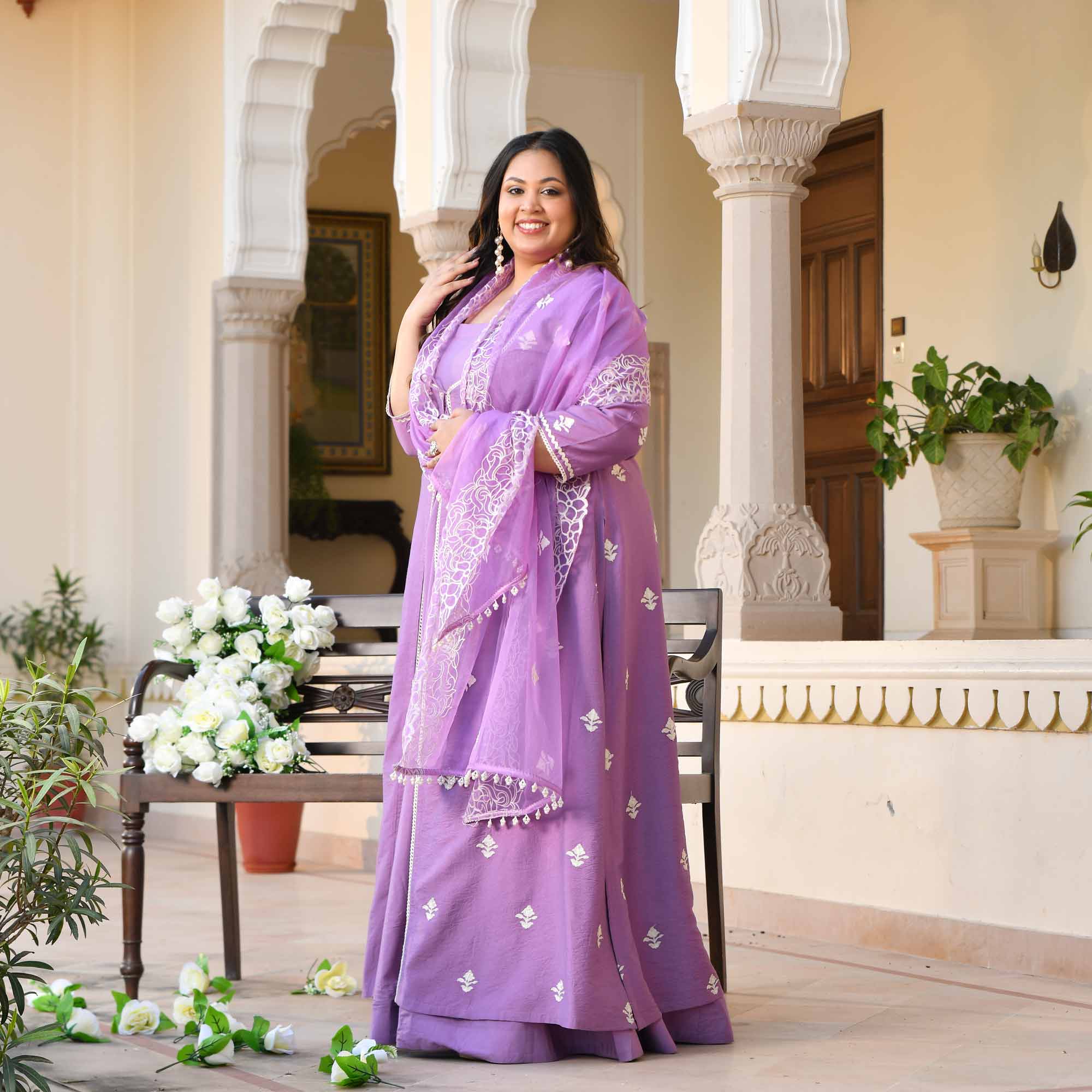 Mulberry- Periwinkle Thread Embroidered Mul Chanderi Anarkali Cape Set