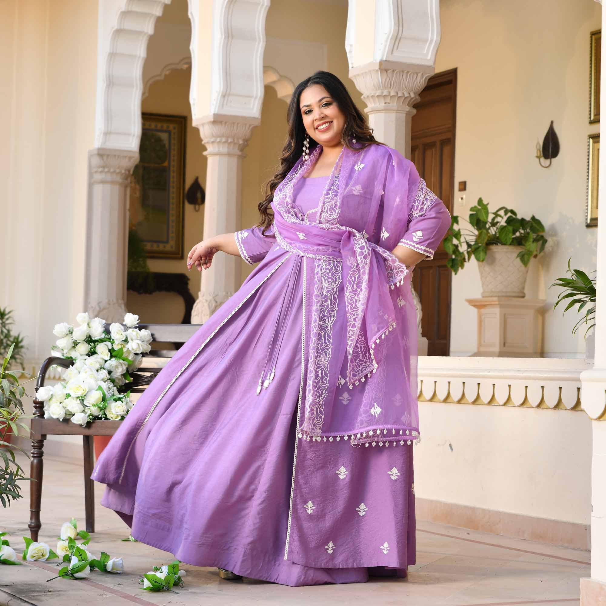 Mulberry- Periwinkle Thread Embroidered Mul Chanderi Anarkali Cape Set