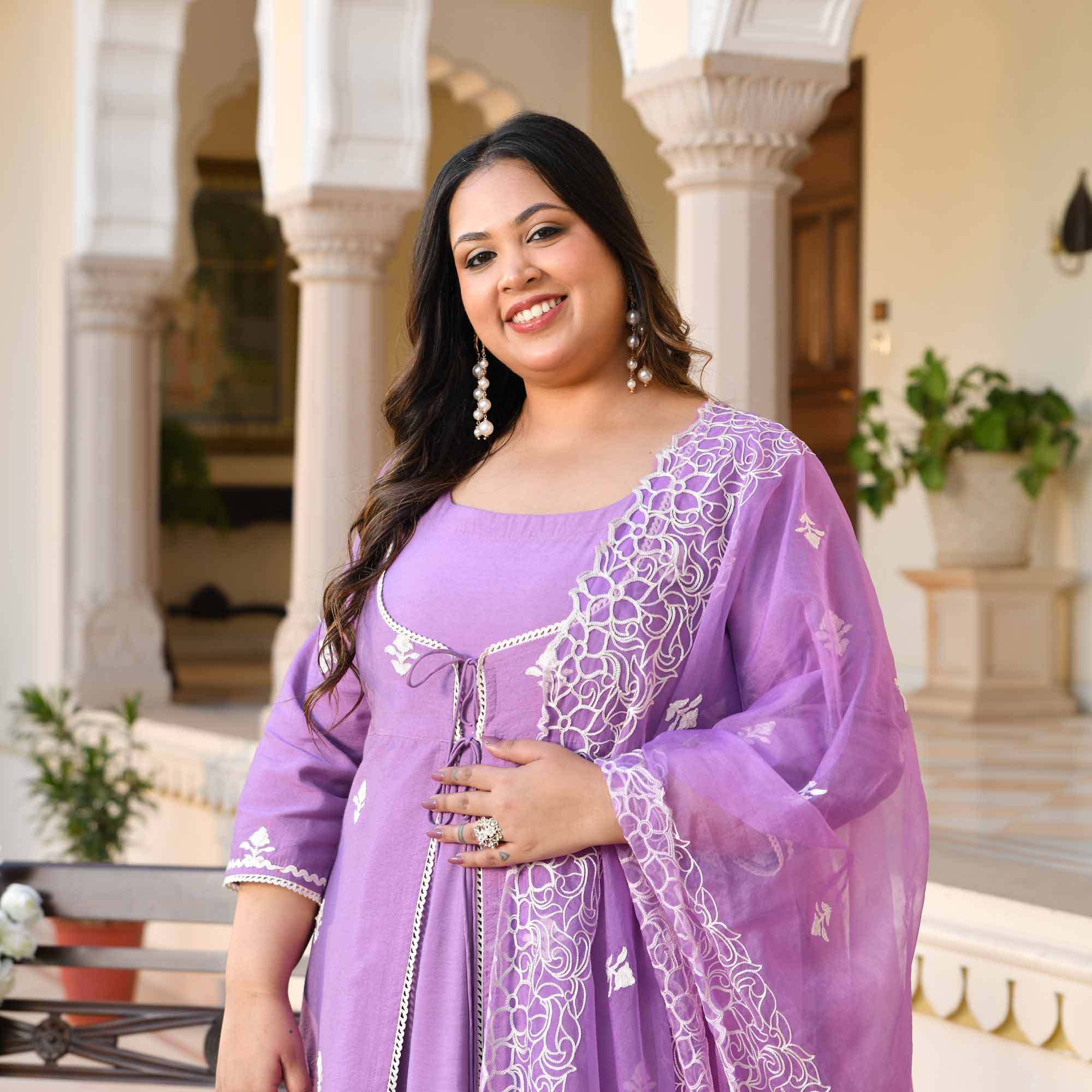 Mulberry- Periwinkle Thread Embroidered Mul Chanderi Anarkali Cape Set