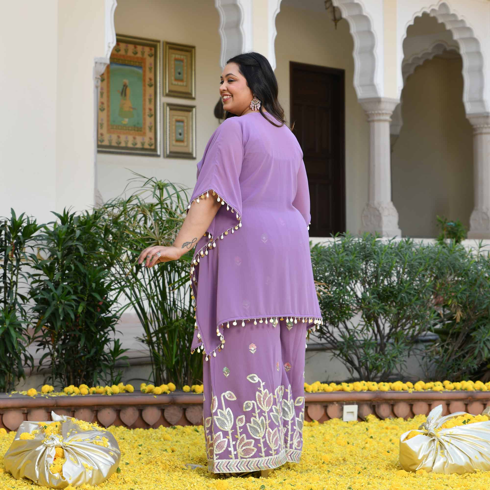 Always You- Lilac Purple Thread & Gota Embroidered Georgette Cape Kaaftan Set