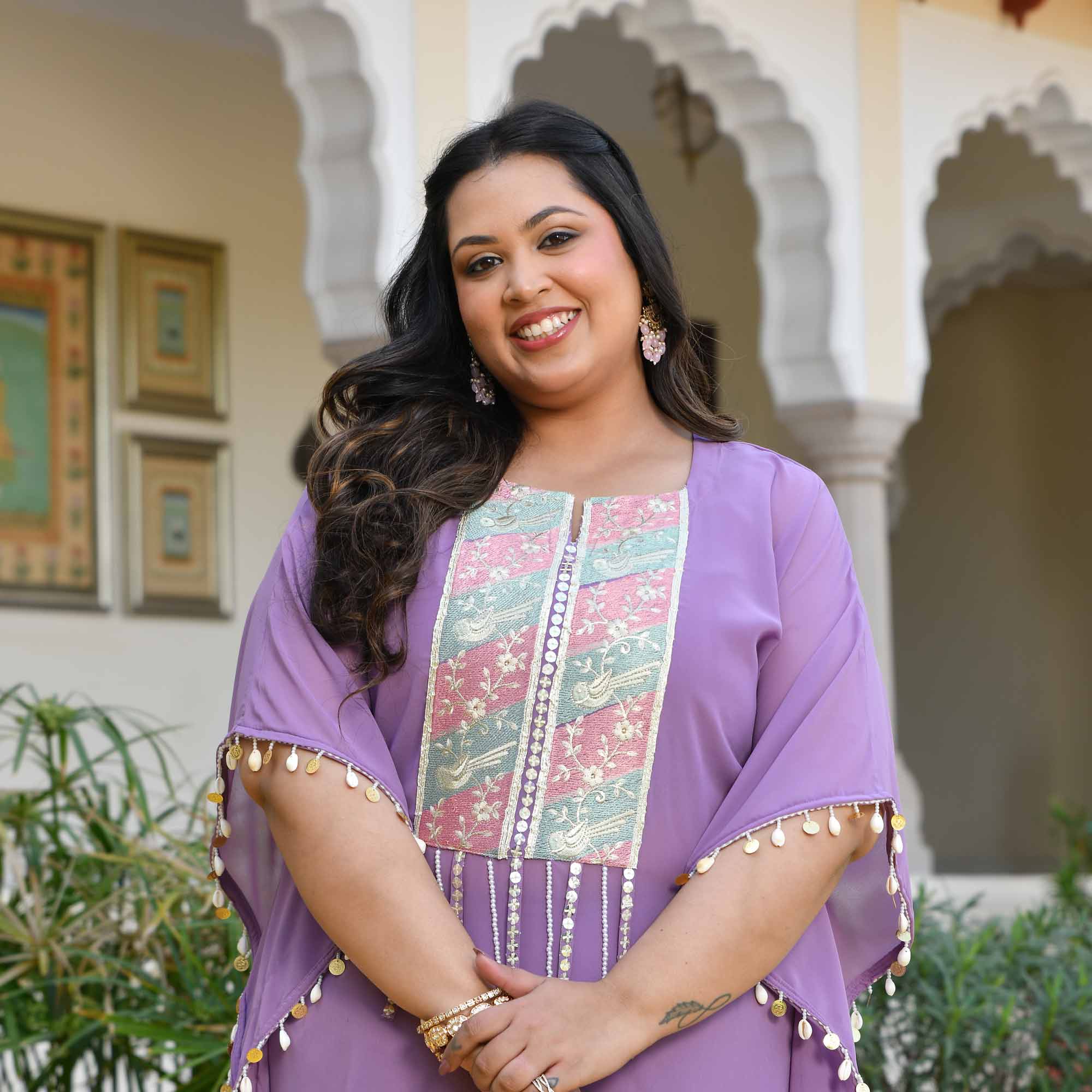 Always You- Lilac Purple Thread & Gota Embroidered Georgette Cape Kaaftan Set