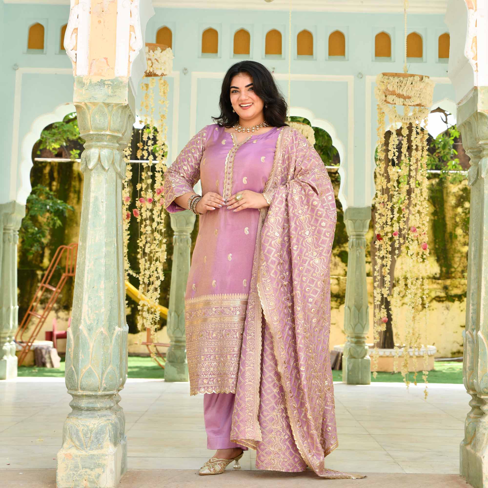 Piyu Bole- Lilac Sequin Embroidered Pure Tissue Silk Suit Set