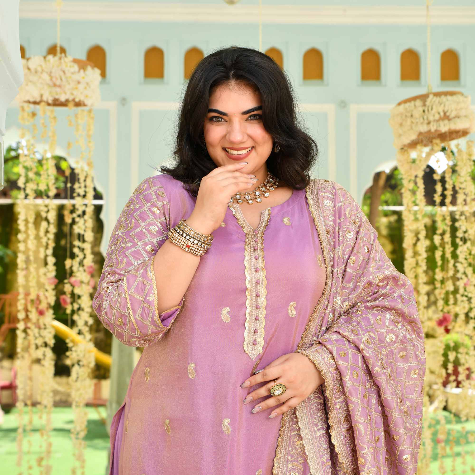 Piyu Bole- Lilac Sequin Embroidered Pure Tissue Silk Suit Set